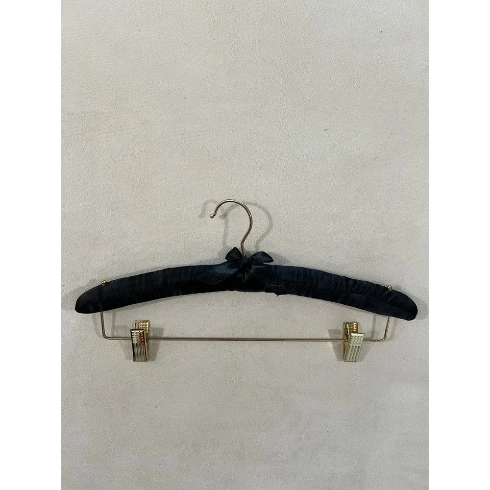 Set of 6 Black Satin Padded Hangers with Gold Clips and Bow Detail